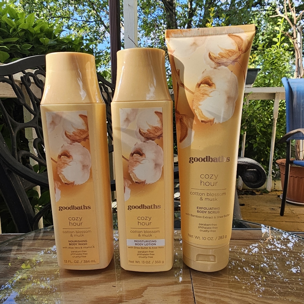 Cotton blossom and musk. Exfoliating body scrub. Goodbaths. Cozy hour. Bundle